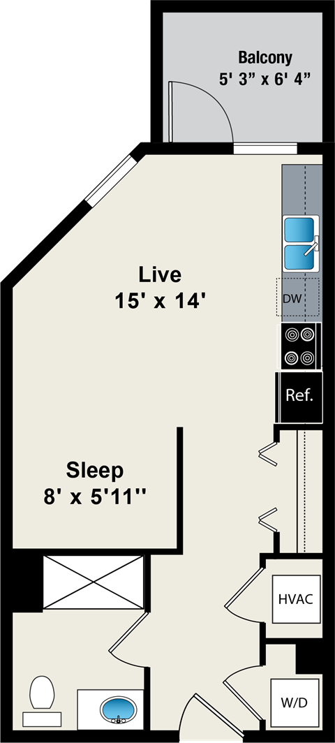 Floor plan for studio, 1 bath, 441 sqft
